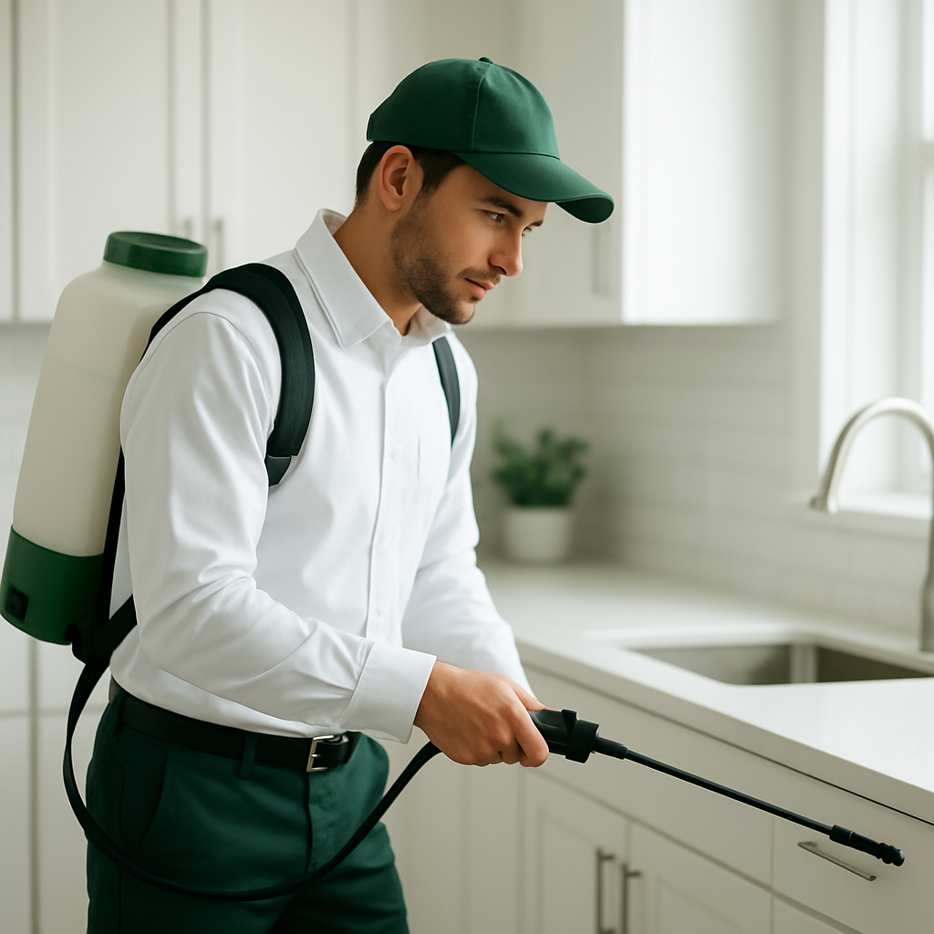 Técnico de control de plagas trabajando en una cocina